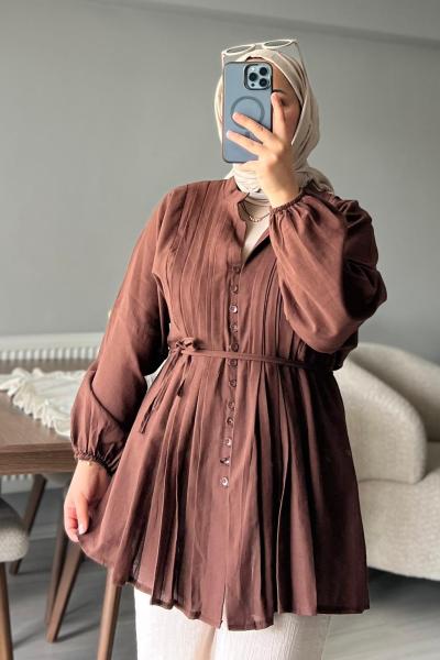 •Kadın Piliseli Düğmeli Tunik  Kahverengi