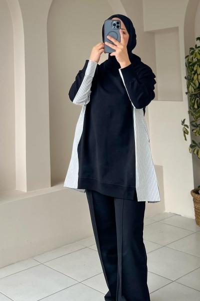 •Çizgili Garnili Takım Siyah