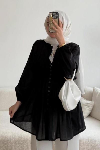 •Kadın Piliseli Düğmeli Tunik  Siyah