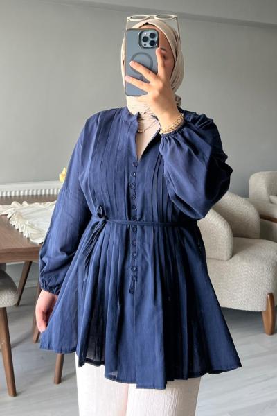 •Kadın Piliseli Düğmeli Tunik  Lacivert