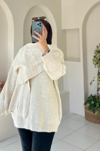 •Seyyar Atkılı Kadın Triko Kazak Krem