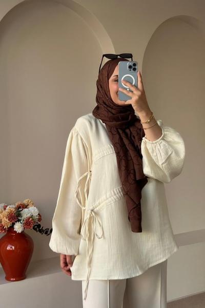 Kadın Keten Tunik | Tünelli Bağcıklı Tunik Krem