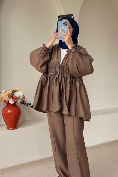 Kadın Bağcıklı Tunik Pantolon Takım Vizon