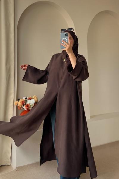 Bağcıklı Şallı Abaya Kahverengi