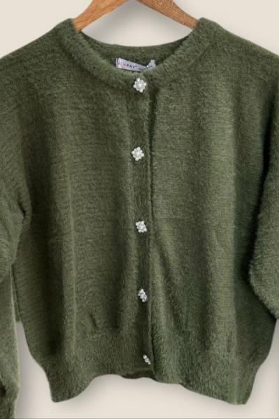 İnci Düğmeli Hırka Haki