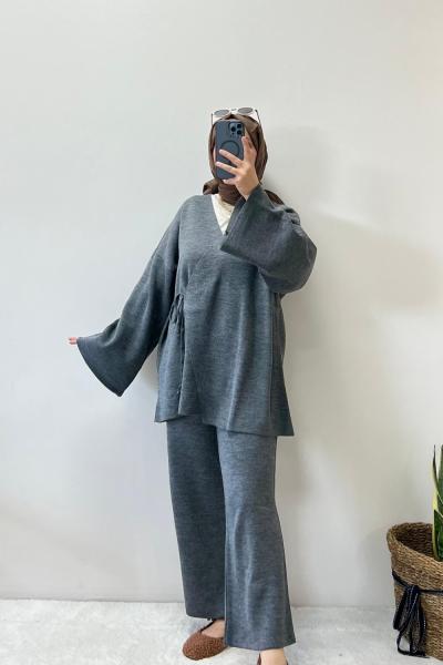 Kimono Tarzı Triko Takım Gri