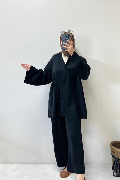 Kimono Tarzı Triko Takım Siyah
