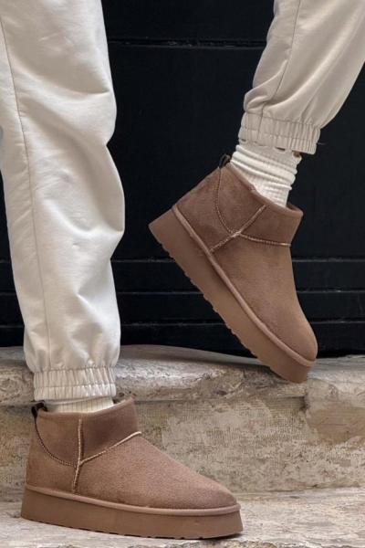 Mini Süet İçi Kürklü Kalın Taban Kadın Ugg Bot Koyu Bej