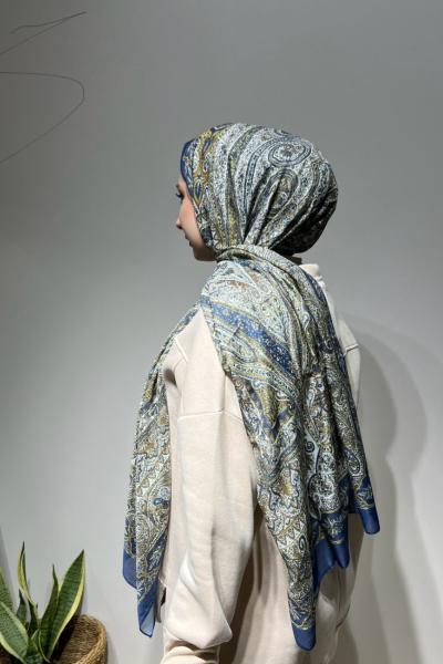 Pamuklu Desenli Şal Ekru Lacivert