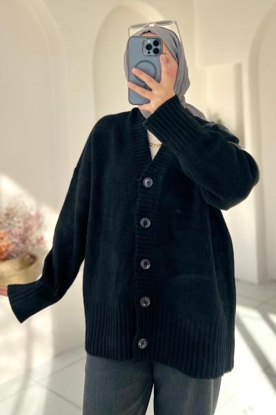 Triko Düğmeli Hırka Siyah