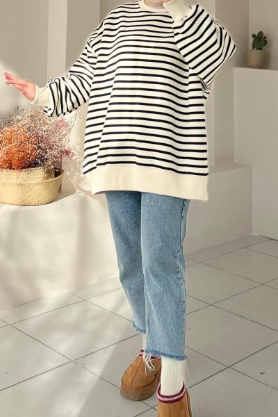 İçi Şardonlu Çizgili Sweatshirt  Siyah