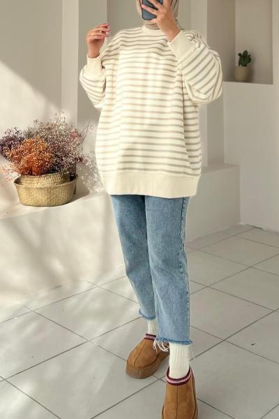 İçi Şardonlu Çizgili Sweatshirt  Kahverengi