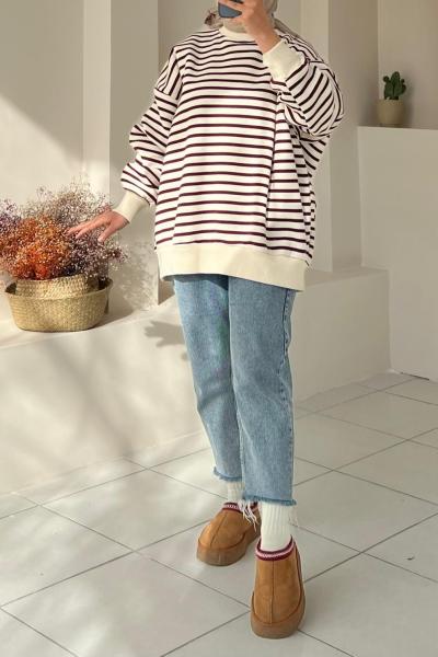 İçi Şardonlu Çizgili Sweatshirt  Bordo