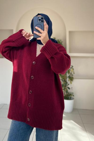 Triko Düğmeli Hırka Bordo