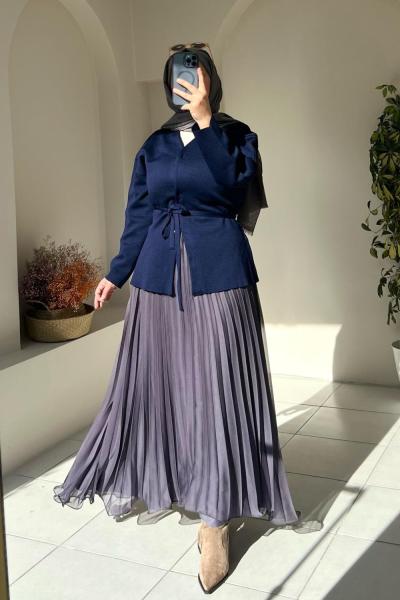 Şifon Pliseli Uzun Etek Antrasit