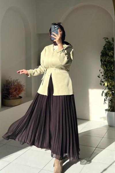 Şifon Pliseli Uzun Etek Kahverengi