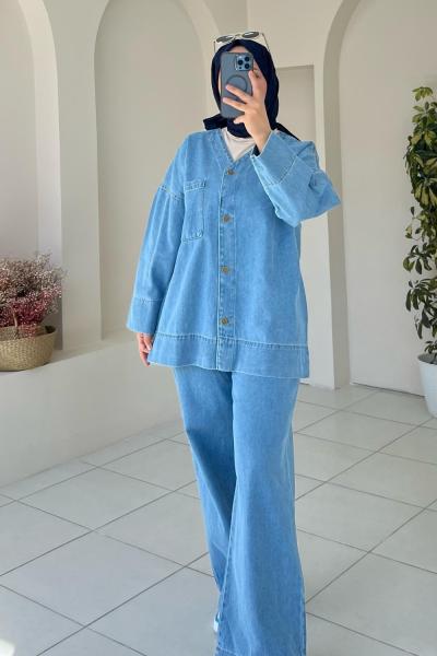 KADIN DÜĞMELİ PANTOLONLU KOT TAKIM Açık Kot