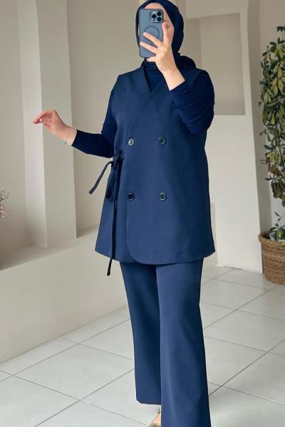 Yandan Bağlamalı Yelekli Takım Lacivert