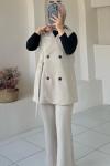 Yandan Bağlamalı Yelekli Takım Krem