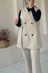 Yandan Bağlamalı Yelekli Takım Krem