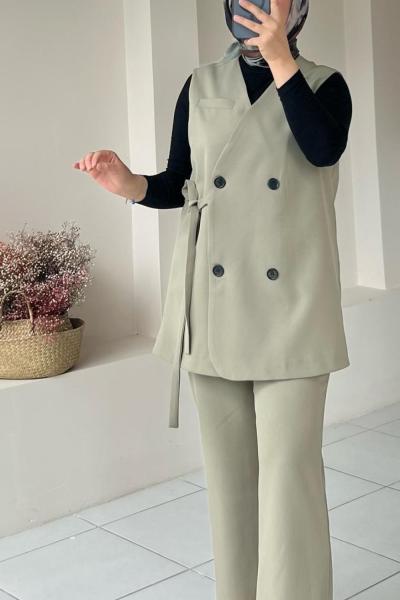 Yandan Bağlamalı Yelekli Takım Taş Haki