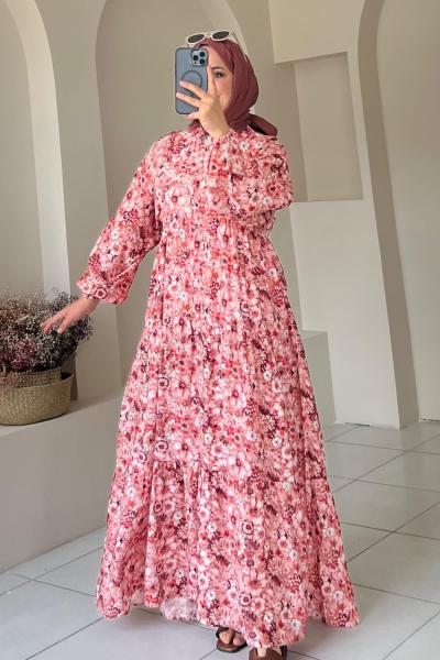 Desenli Düğmeli Elbise Pembe