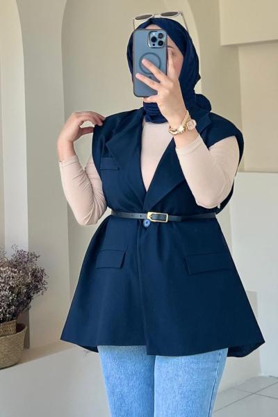 Kemer Detaylı Astarlı Yelek Lacivert