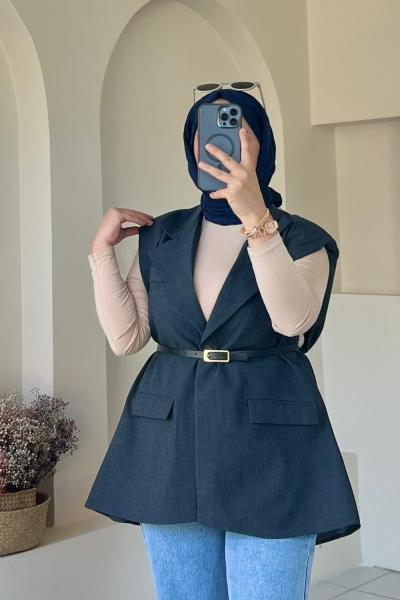 Kemer Detaylı Astarlı Yelek Gri