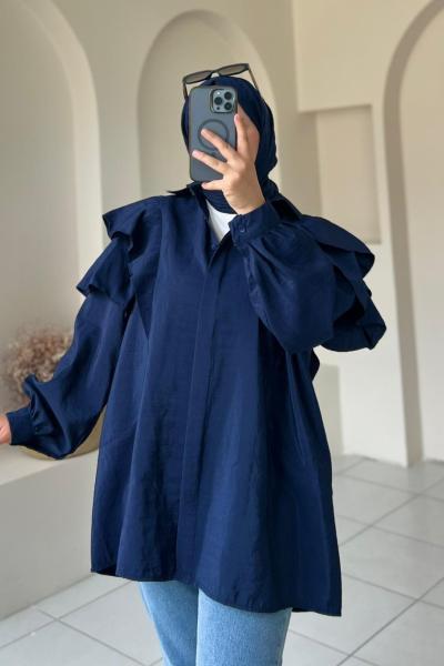 Volan Detaylı Paraşüt Kumaş Tunik Lacivert