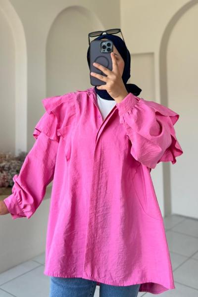 Volan Detaylı Paraşüt Kumaş Tunik Pembe