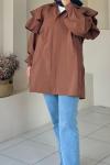 Volan Detaylı Paraşüt Kumaş Tunik Kahverengi