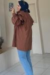 Volan Detaylı Paraşüt Kumaş Tunik Kahverengi