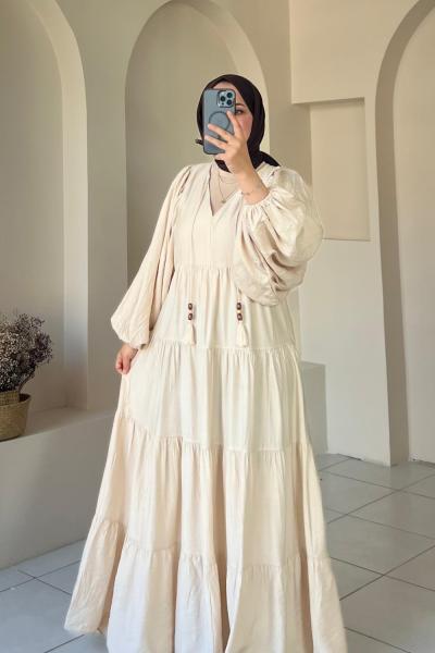 Balon Kol Elbise Bej