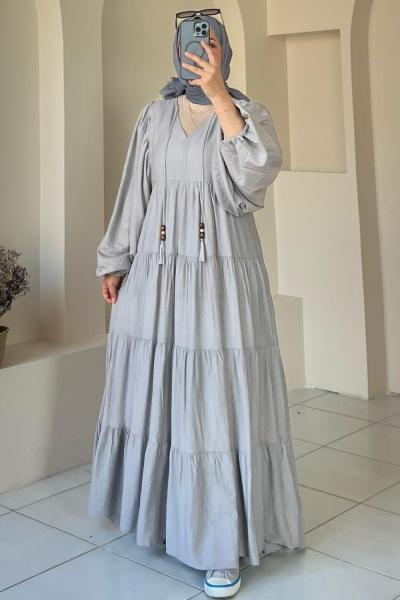 Balon Kol Elbise Gri