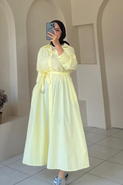 Düğmeli Cepli Kemerli Elbise Sarı