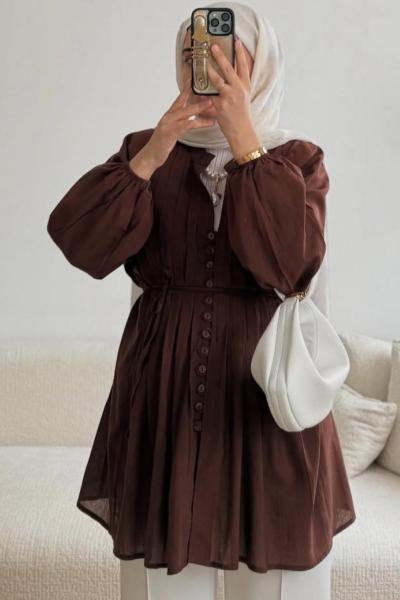 •Kadın Piliseli Düğmeli Tunik  Kahverengi