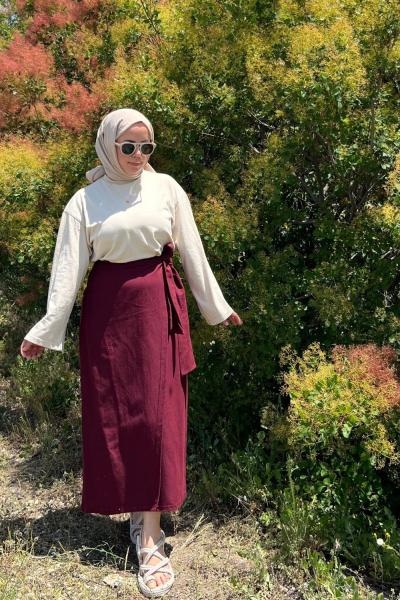 Keten Bağlamalı Etek Bordo