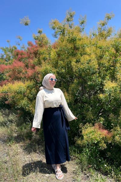 Keten Bağlamalı Etek Lacivert