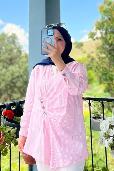 Yandan Bağlamalı Çizgili Gömlek Pembe