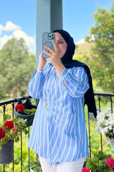 Yandan Bağlamalı Çizgili Gömlek Mavi