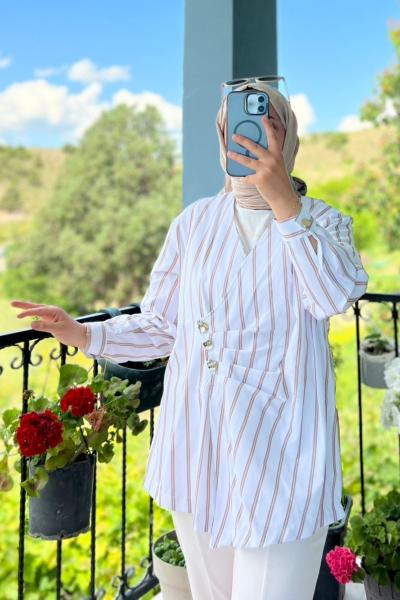 Yandan Bağlamalı Çizgili Gömlek Kahverengi