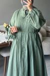 Önü Pileli Uzun Elbise Yeşil