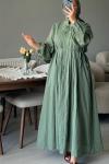 Önü Pileli Uzun Elbise Yeşil