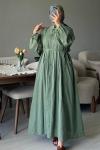 Önü Pileli Uzun Elbise Yeşil