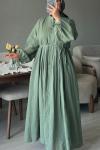 Önü Pileli Uzun Elbise Yeşil