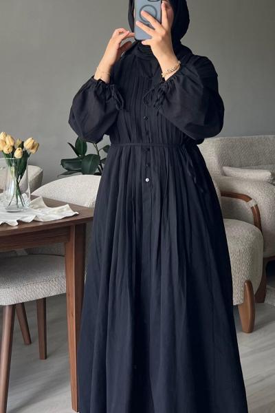 Önü Pileli Uzun Elbise Siyah