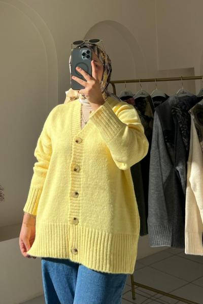 Triko Düğmeli Hırka Sarı