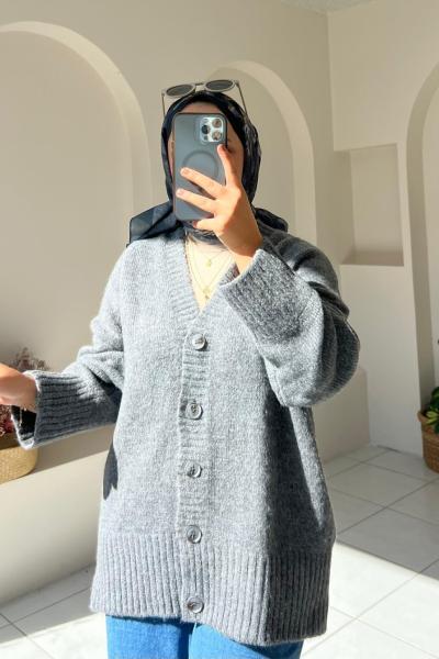 Triko Düğmeli Hırka Füme