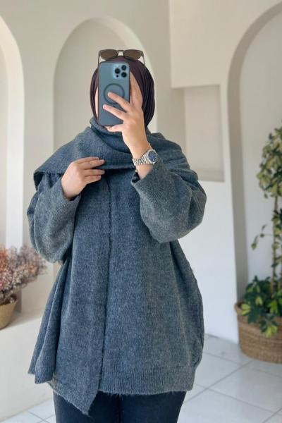 •Seyyar Atkılı Kadın Triko Kazak Gri