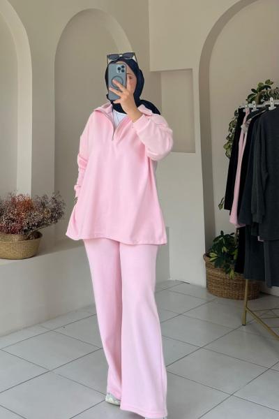Selanik Kumaş Fermuarlı Takım Pembe